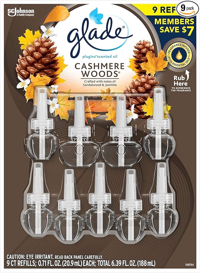 Glade PlugIns Scented Oil Refill Essential Oil Infused Wall Plug in 6.39 fl. oz 9 ct. (Cashmere Woods)