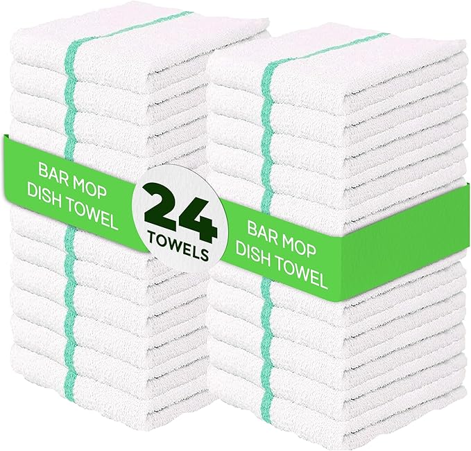 Towels N More 24 Pack 16x19 Bar Mop Towels High Absorbent Cotton Reusable Kitchen Towels - Quick Drying Towels for Chef Cook Home Restaurant Bar Glass Cleaning Towels (24 Green Stripe)