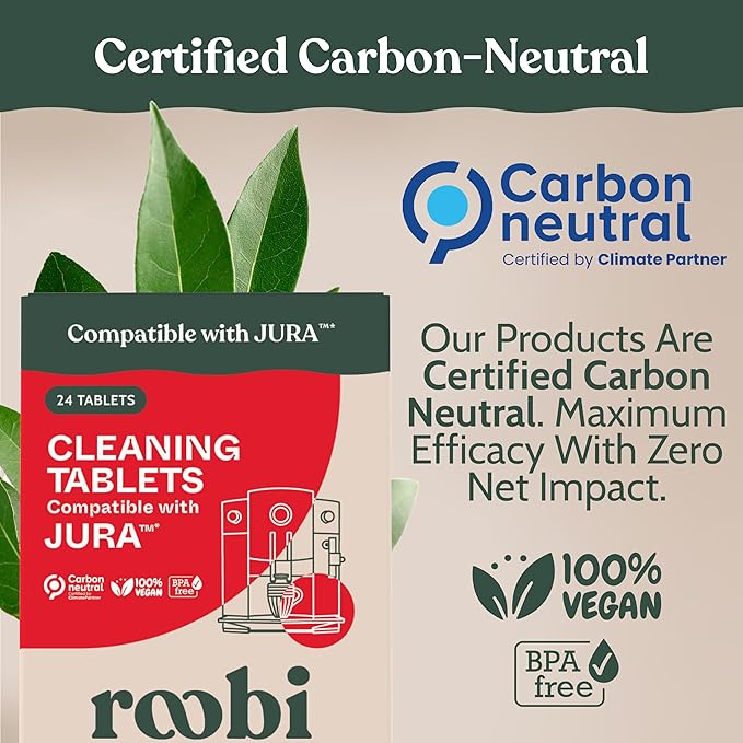 Roobi Compatible Cleaning Tablets for Jura. 24 Jura Cleaning Tablets for Automatic Espresso Coffee Machines. 100% Vegan Carbon Neutral.