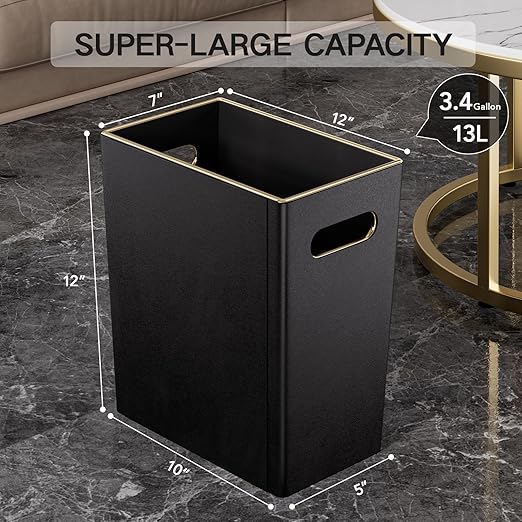 Black 3 Gallon Waste Basket 4 Gallon Trash Can Office Wastebasket with Gold-Tone Edging Decoration for BathroomPu Leather Waste Bins for Toilet Bedroom Living Room Office Home Modern Decor