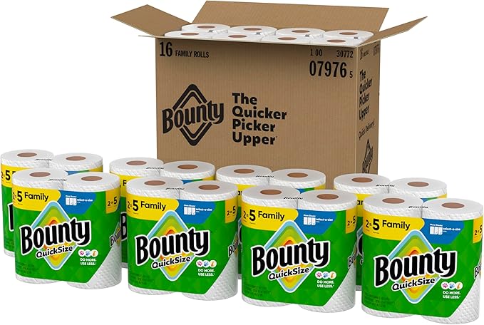 Bounty Paper Towels Quick Size White 16 Family Rolls = 40 Regular Rolls