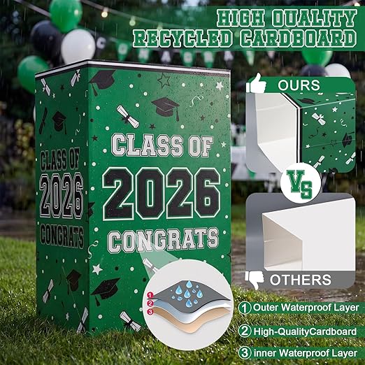 Tinlade 6 Pack 2026 Green Graduation Decoration 13 Gallon Disposable Trash Cans Class of 2026 Party Garbage Bins Large Waterproof Foldable Recycle Pop up Bins for Graduation Party School