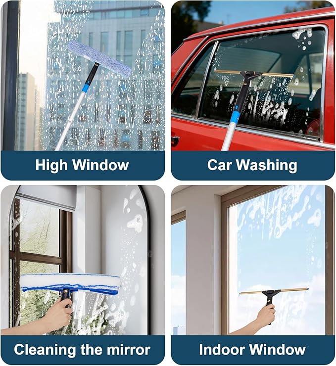 Window Cleaning KitSwivel Squeegee &amp Scrubber with Extension PolesFoldable BucketBlendable Duster2 Scrubber Pads &amp Cleaning Cloth Glass Scraper Cleaning Tool Kit for Window Glass Mirror C