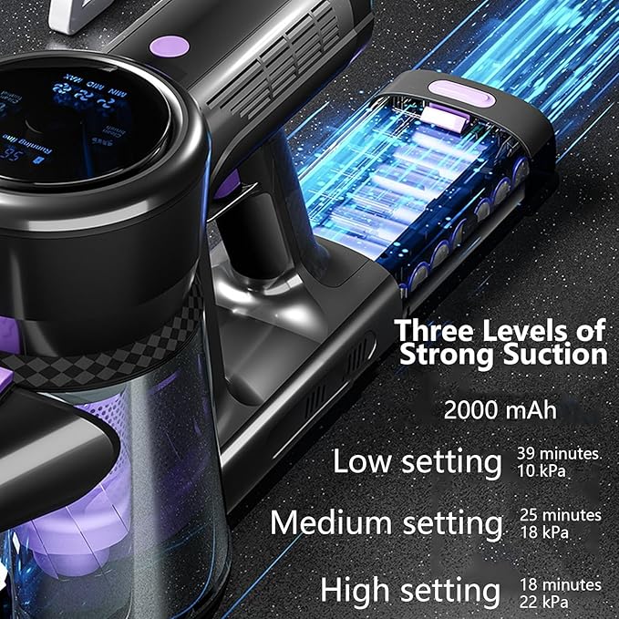 Cordless Vacuum Cleaner 250W/22Kpa Powerful Suction 39 Mins Runtime Anti-Tangle Brush and LED Display Handheld Vacuum for Hard Floors Carpet Pet Hair(Black Purple)