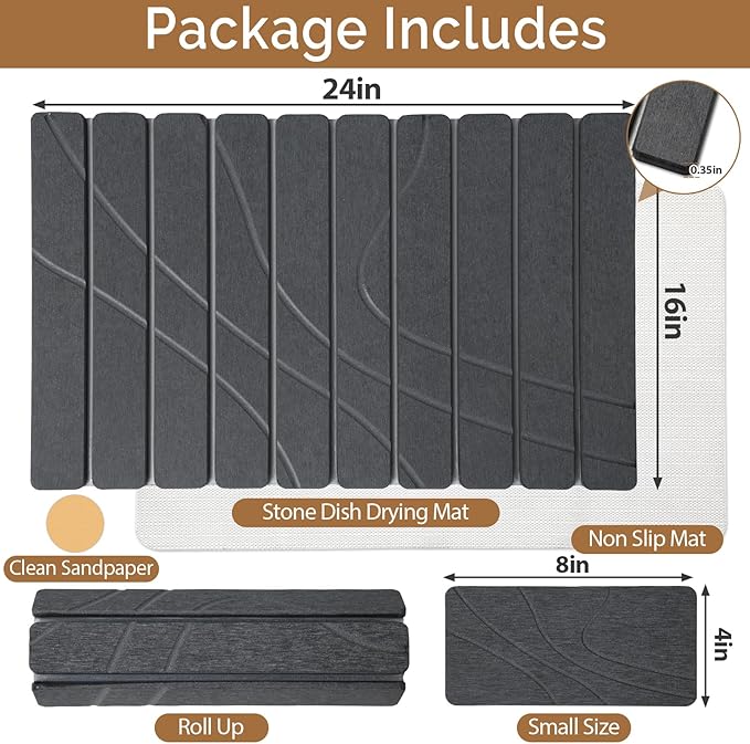 Large Stone Dish Drying Mat for Kitchen Counter2 PCS Quick Dry Stone MatsFoldable Water Absorbing Diatomaceous Drying Pad for Countertop Bottles Utensils Cups (Flow Line Dark Gray 24x16 &amp 8x4