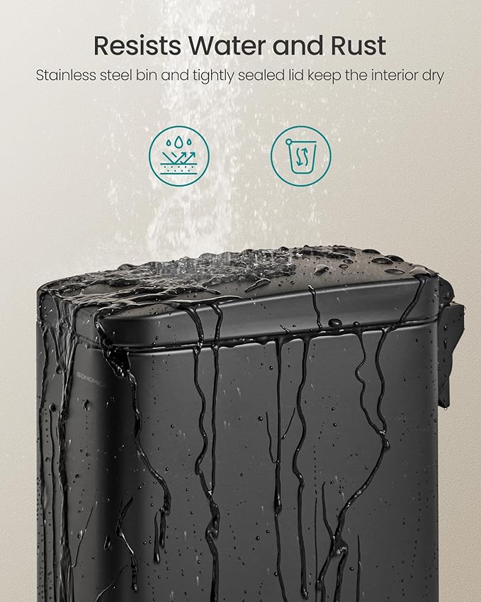 SONGMICS Bathroom Trash Can 1.3 Gallon (5 L) Small Trash Bin with Lid Slim for Small Spaces Stainless Steel Garbage Can Soft Close Black ULTB560B05