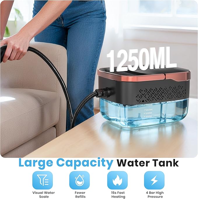 Steam Cleaner 6-Level Adjustable Steam 15s Heat-Up 1250ML Tank 7ft Extended Hose Portable Steamer for Cleaning with 18 pcs Accessories for Home for Dirt Grease Grout Tile Floor Car