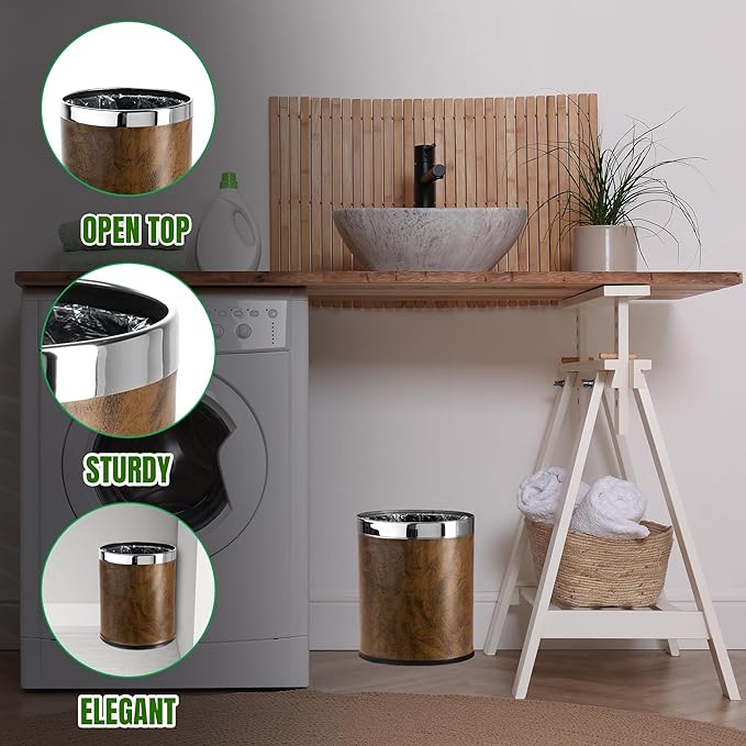 'Invisi-Overlap' Open top Leatherette Trash Can Small Office Wastebasket Modern Home Décor Round Shape (Brown)
