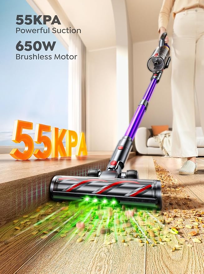 Cordless Vacuum Cleaner 650W 55KPA 70 Mins Vacuum Cleaners for Home Anti-Tangle Stick Vacuum with Touch Screen Wall Mount Charging Upgraded Vacuum Cordless for Pet Hair/Carpet/Floors