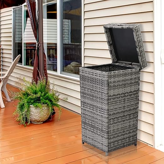 Henf 24-Gallon Outdoor Rattan Trash Can Wicker Waste Basket with Lid Corner Wastebasket Trash Bin w/Sturdy Metal Frame for Poolside Backyard Patio Kitchen