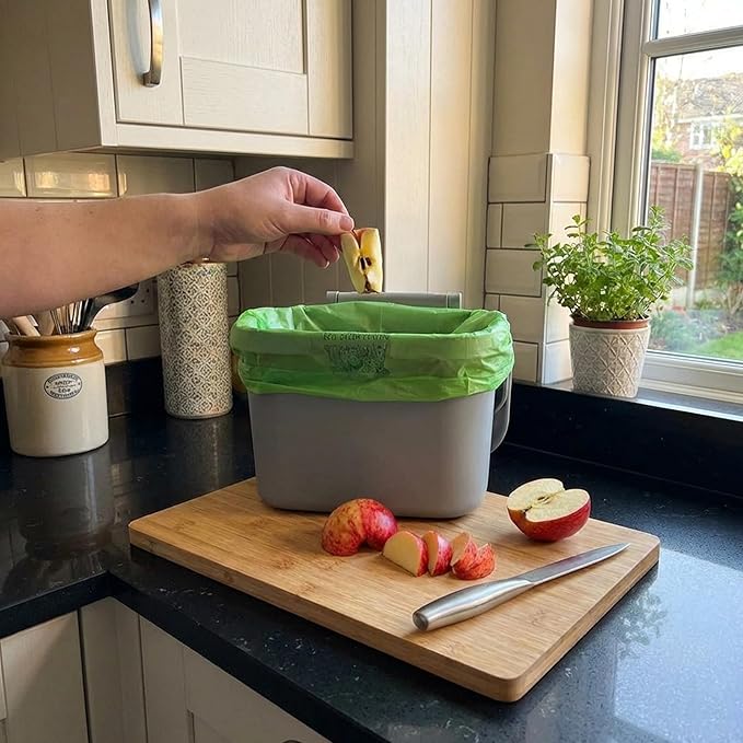 Eco Green Living 6 Litre Compostable Bin Liners Plastic Free &amp Recyclable Caddy Bags for Food Waste Leak Resistant Small Bin Liners 36 x 66 cm - Six Pack (180 Bags)