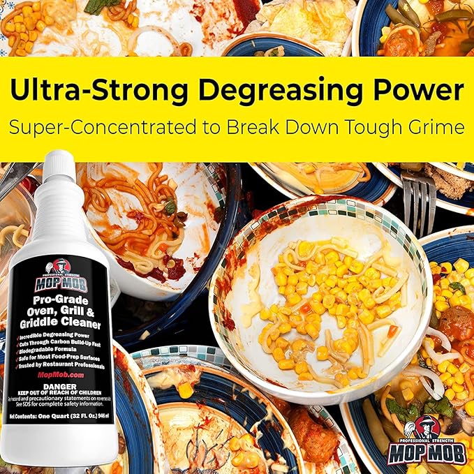 Commercial Grill and Oven Cleaner 32Oz Concentrate 1pk. Heavy-Duty Fast-Acting Degreaser Solution Removes Carbon Grime Burnt Food and Oil for Griddles Fryer Baskets and Kitchen Cooking Surfaces.