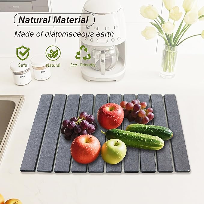 Large Stone Drying Mat for Kitchen Counter Diatomaceous Earth Collapsible 24”（L）*16”（W）Super Heat Resistant Mats Quick Absorbent Dish Drying Rack（Dark Gray）