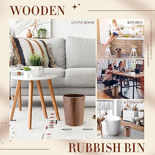 2 Pack 2.3 Gallons Wood Trash Can Wastebasket Natural Wood Round Wastebasket Small Trash Bin for Home Office Under Desk Kitchen Bedroom Hotel Room (Walnut ColorFlat)