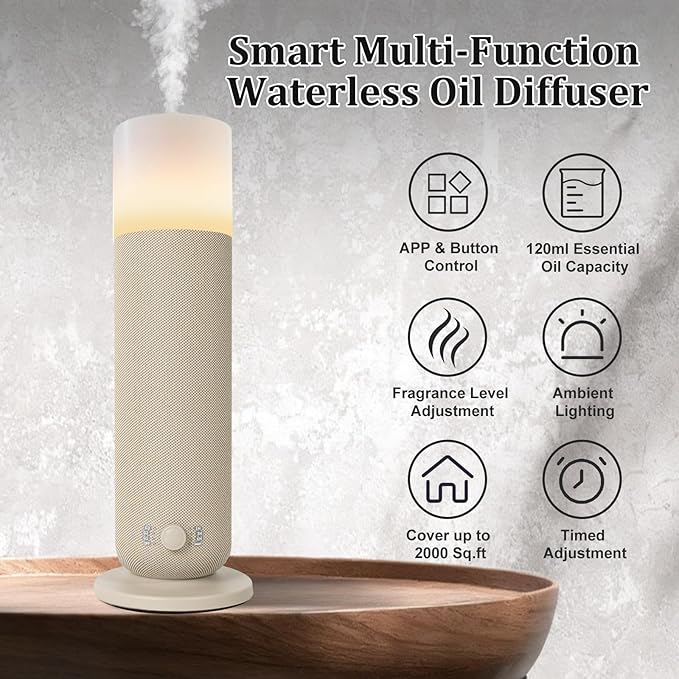 Smart Waterless Essential Oil DiffuserScent Diffuser for HomeHotel Collection Diffuser APP ControlAmbient LightingCovers Up to 2000 Sq.Ft Aromatherapy Diffuser for Bedroom Spa Yoga Office Beige