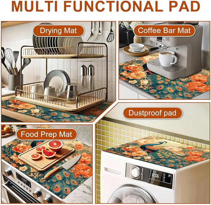 Stove Top Cover for Electric Stove 28x20 Inch Diatomite Dish Drying Mat Glass Top Burner Protector Kitchen Counter Mat Peacock Kitchen Decor Stove Pad Stove Top Mat