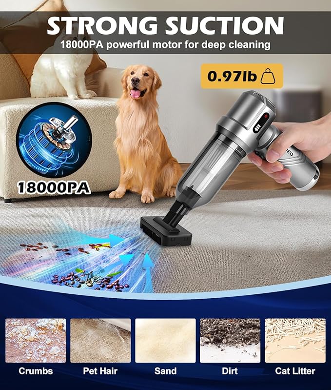 WADEO Car Vacuum Portable Cordless 18000PA 4-in-1 Handheld Vacuum Cleaner and Air Duster with LED Display &amp Multi-Nozzles Mini Hand Held Vacuum Rechargeable for Home Car Office Pet Hair