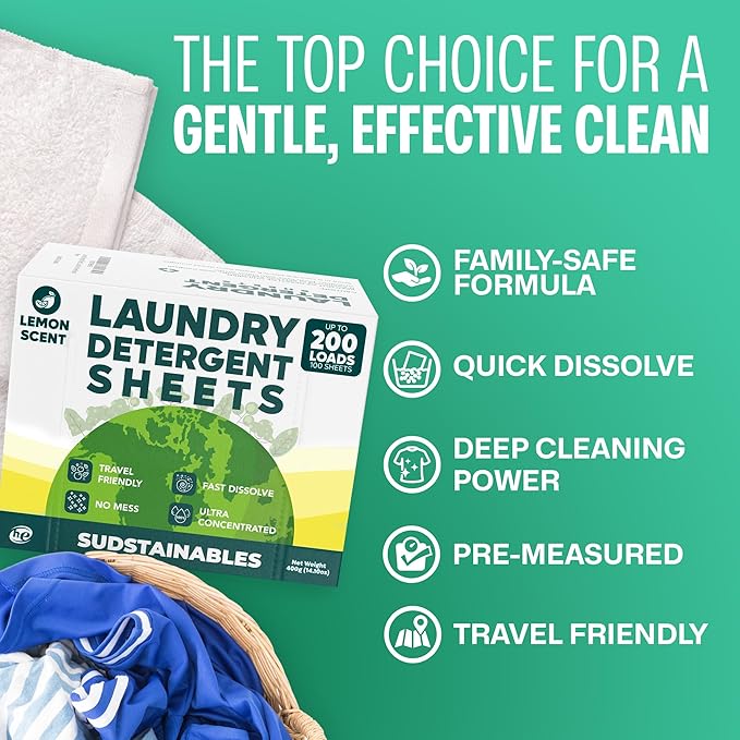 Sudstainables Laundry Detergent Sheets 200 Loads – Dissolvable Laundry Sheet for Washing Machines Compact Alternative to Liquid &amp Powder Detergent Travel-Friendly Soap | Lemon