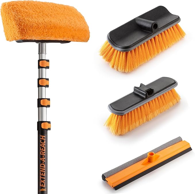 25 Foot Exterior House Cleaning Brush Set with 5-18 ft Extension Pole // Vinyl Siding Brushes with Telescopic Extendable Pole &amp Window Cleaning Squeegee Tool // The Ultimate Extension Scrub Brush
