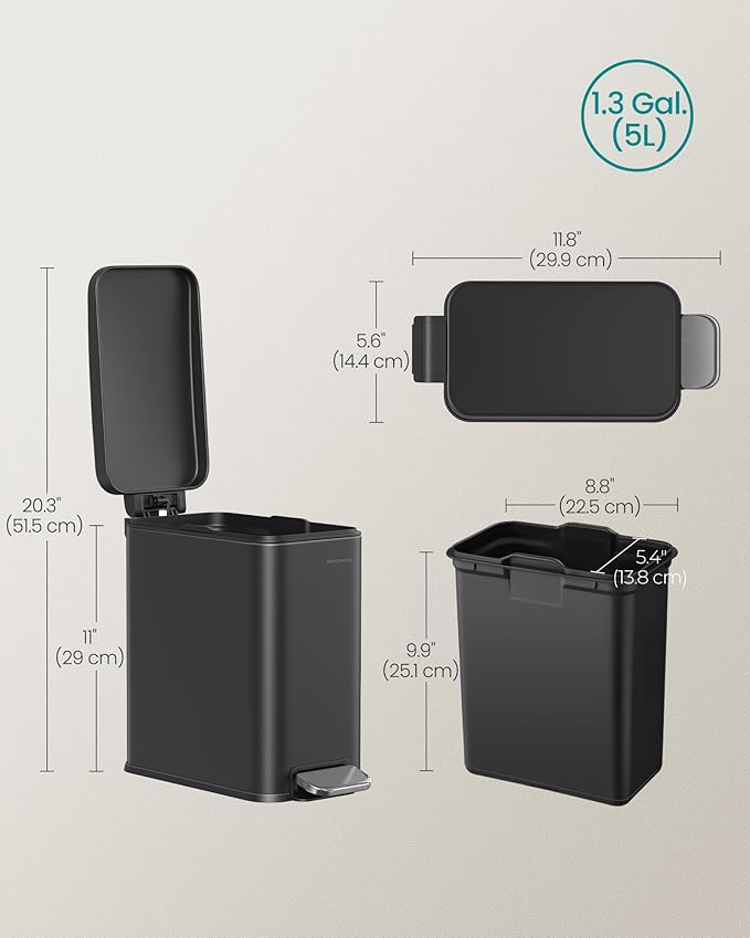 SONGMICS Bathroom Trash Can 1.3 Gallon (5 L) Small Trash Bin with Lid Slim for Small Spaces Stainless Steel Garbage Can Soft Close Black ULTB560B05