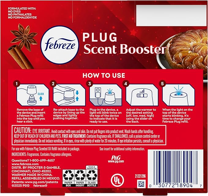 Febreze Plug Scent Booster Starter Kit Oil Diffuser Air Freshener Plug in Continuous Scent 2 Devices + 2 Baked Cinnamon Apple Refill