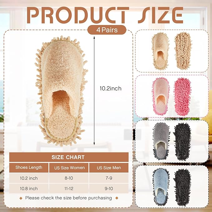 Gerrii 4 Pair Microfiber Cleaning Mop Slippers - Detachable Washable House Mop Slippers for Men and Women Ideal for Kitchen Floor Dust Cleaning Includes Blue Gray Pink Beige(Large)