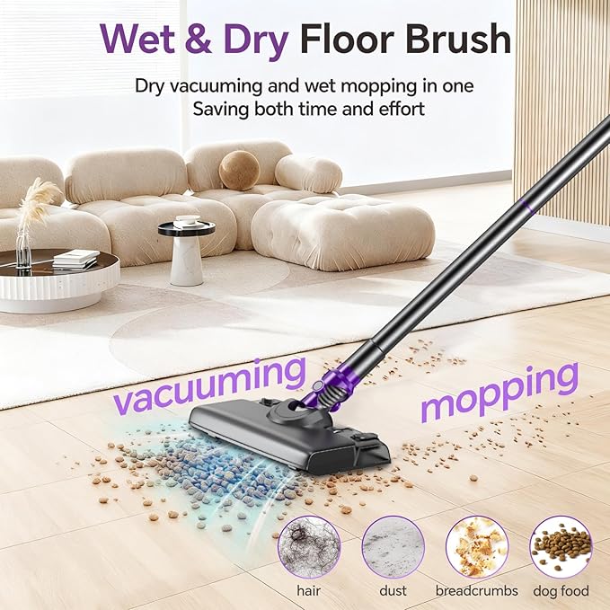 Cordless Vacuum Cleaner Powerful Vacuum Cleaners for Home with Mopping Combo Water Tank Stick Vacuum Cordless Rechargeable Lightweight Vacuum for Hard Floors Carpet Pet Hair Purple