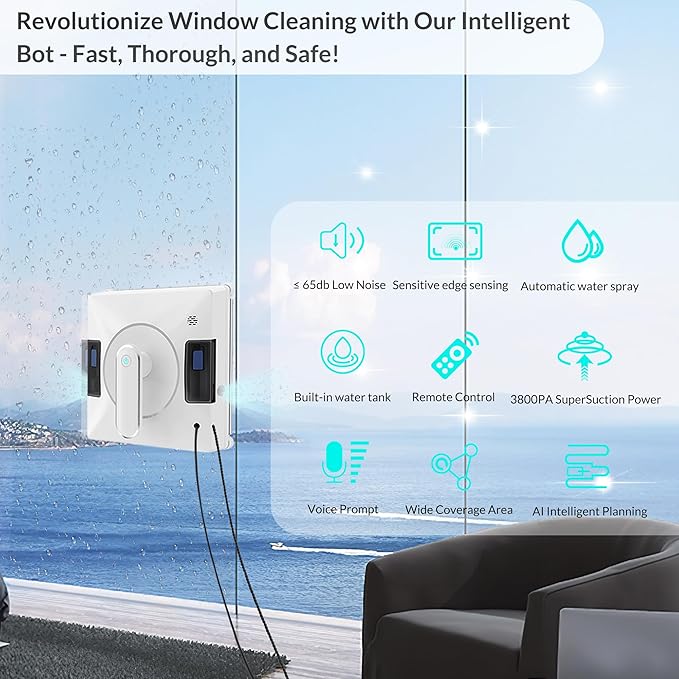 Smart Window Cleaning Robot With Dual Water Spray3800pa Suction Multiple Anti - Fall ProtectionAI Path PlanningApp &amp Remote ControlIdeal Window Washer Robot For High-Rise Windows And Glass Do