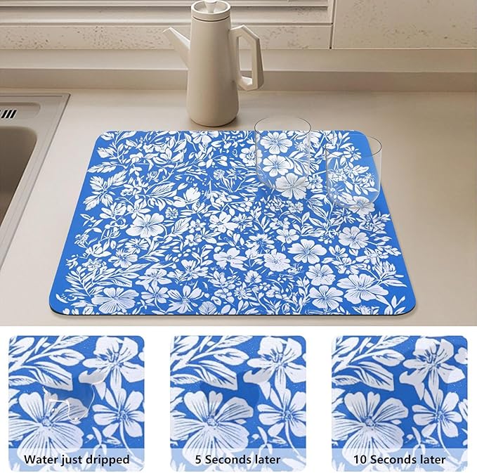 Peonies Violet Blue Dish Mat Absorbent Diatomaceous Earth Mat Dish Mat With Drying Rack Easy to Clean Dish Drainer Mat Kitchen Accessories