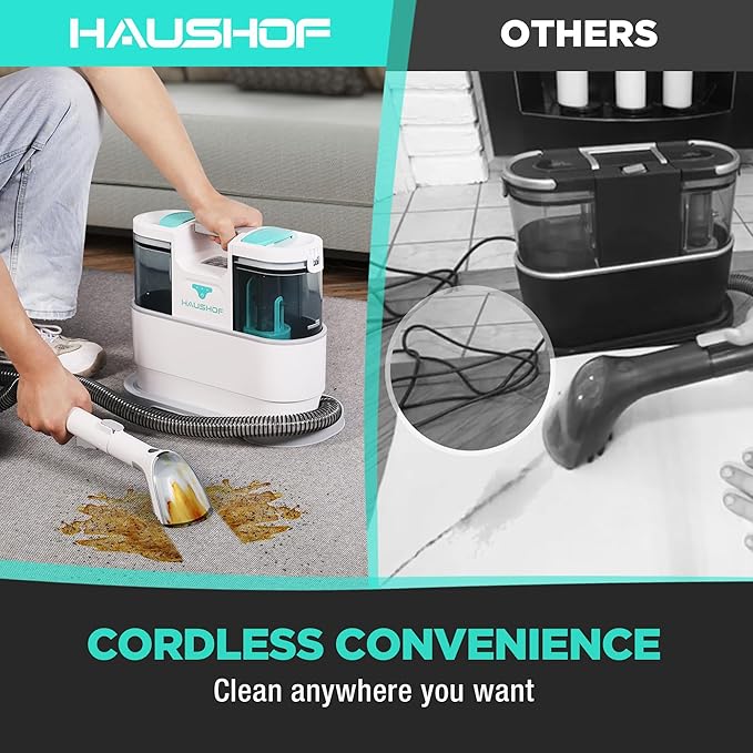 HAUSHOF Cordless Carpet &amp Upholstery Cleaner Lightweight Deep Fabric Cleaner Machine with Brushless Motor &amp Powerful Suction for Pet Stains Couch Rug Car Seats Spot &amp Stain Cleaner In