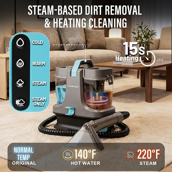 Portable Carpet Cleaner Machine with Steam and Heating Techology18Kpa Powerful Suction with Versatile Tools for Pets CouchSpot Cleaner for Stairs/Furniture/Rug(Gray)(AC0201)
