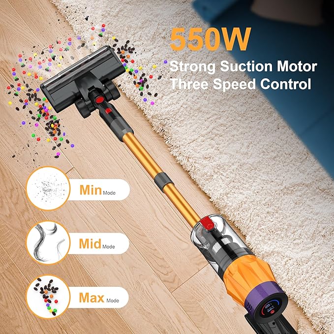 Cordless Vacuum Cleaner w/LED Display 550W Self-Standing Cordless Stick Vacuum Cleaner for Home Removable Battery/Lightweight/Rechargeable Pet Vacuum Cordless for Pet Hair/Hardwood Floor/Carpet