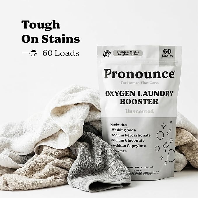 Pronounce Oxygen Laundry Booster with Enzymes - Brightens White &amp Tough on Stains Fights Odor. Stain Remover Cleaner Ingredients Fragrance Free - Ultra Concentrated HE - 60 Loads (Unscented)