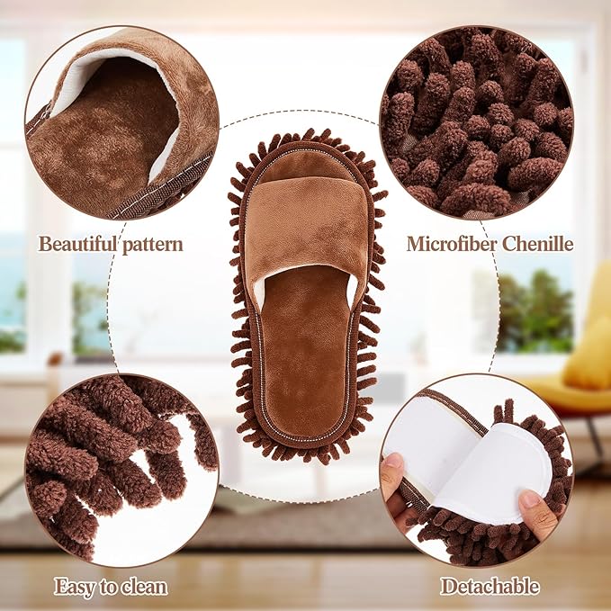 Jecery 4 Pair Washable Microfiber Mop Slippers Detachable Dusting Shoes for Floor Cleaning Office &amp Home Use Suitable for Women &amp Men(Brown BeigeM Size)