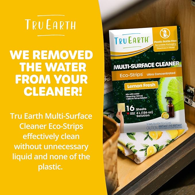 Tru Earth Multi-Surface Cleaner Eco-Strips | All Purpose Cleaner Concentrate for Multi-Use Fresh Lemon Scent 16 Strips