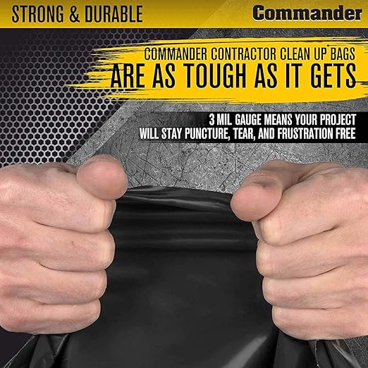 Commander 55 Gallon 3 MIL Heavy Duty Contractor Bags with Flap Ties - 36 x 52 - Pack of 40 - For Contractor Industrial &amp Outdoor