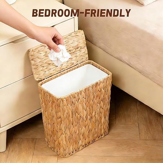 Wicker Trash Can3 Gallon Bathroom Trash Can with LidNatural Water Hyacinth Wicker Waste Basket with Removable Liner for Bedroom Toilet Narrow Spaces
