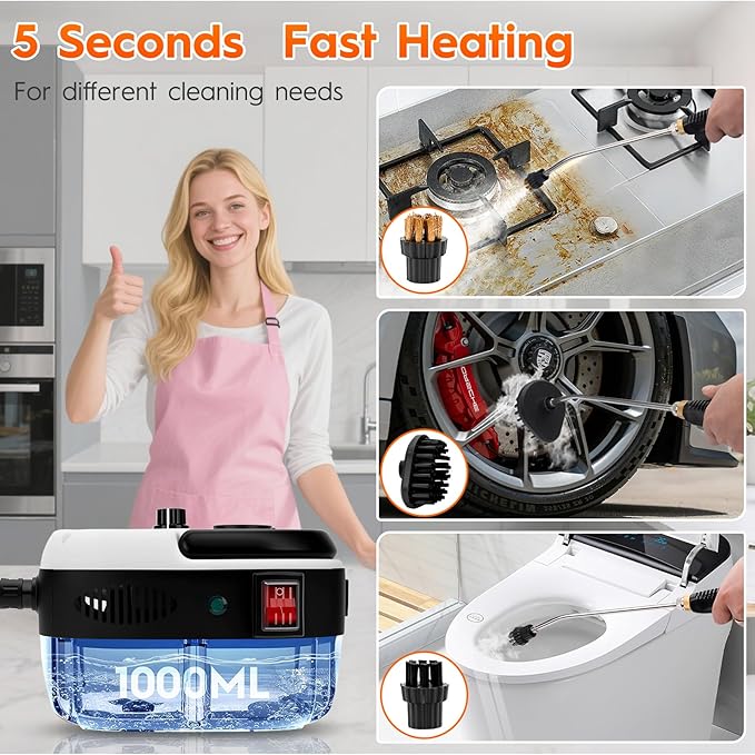 Steam Cleaner 2500W High Handheld Steam Cleaner 1L Portable Car Steam Cleaner 6 High Speeds Pressure Temperature Steam Cleaning Machine with 3 Brush Heads for Kitchen Home Car Cleaning（White）