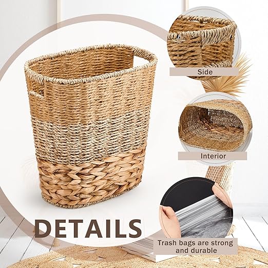 2 Pcs Wicker Trash Can with 50 Small Trash Bag Wicker Waste Woven Basket with Handles Clear Multi Use Garbage Bags for Bathroom Kitchen Bedroom(Various MaterialsClassic Style)
