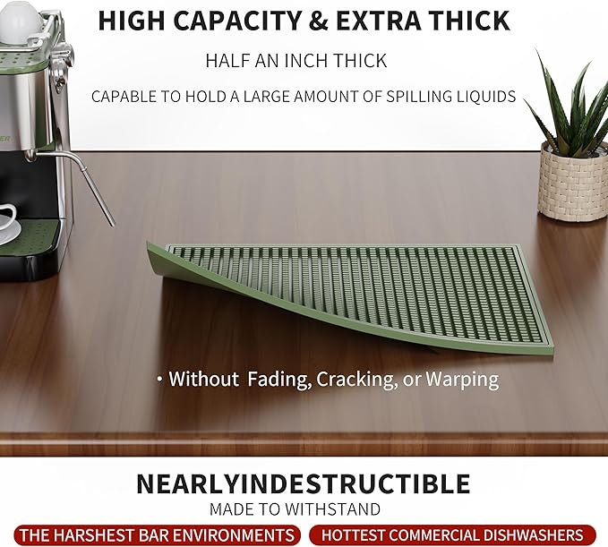 WAFT YEARN 18inX12in Bar Mat Dish Drying Mat Cocktail Service Spill Mats Bartending Countertop Kitchen Coffee Bar Silicone Non Slip Durable Flexible Absorbent Spill Resistant Rubber Heavy Duty Green