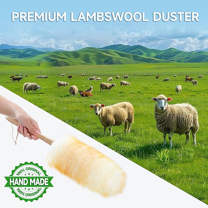 ONESIMUS 2 Pack Lambswool Dusters Fluffy Handheld Natural Feather Duster 11 inch Washable Reusable Wool Dusters with Solid Wooden Handle for Cleaning Ceiling Fan Interior &amp Car etc
