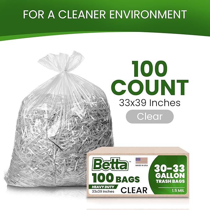 Betta 30-33 Gallon Clear Trash Bags 100 Count Box (33x39-inch) Commercial Heavy-Duty Garbage Can Liners for 20-32 Gallon Round Cans 23-29 Gallon Slim and Square Cans