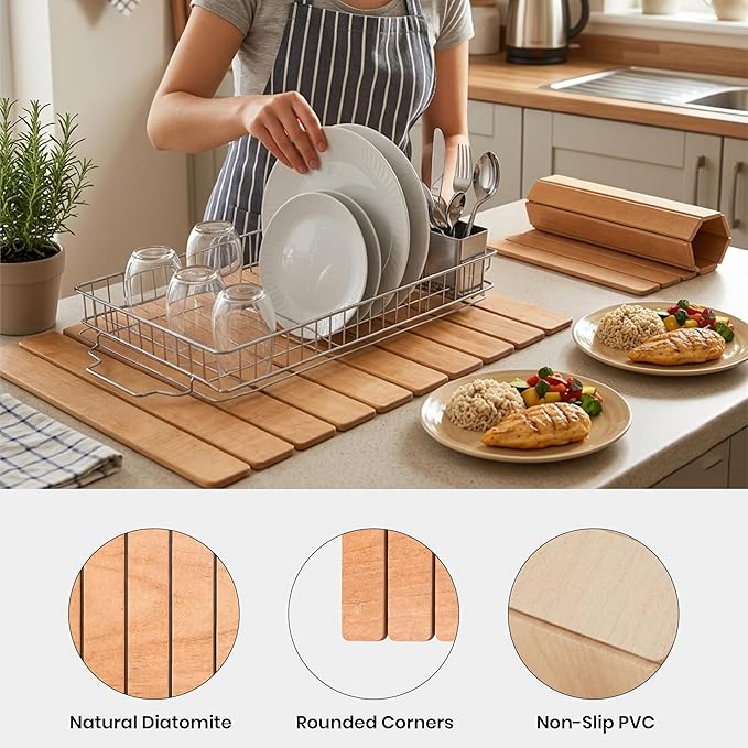 Large Stone Drying Mat 24x16 – Diatomaceous Earth Stone Dish Drying Mat – Foldable Ultra-Absorbent &amp Quick-Drying Countertop Protector for Cups Plates Utensils &amp Cookware - Wood Grain Tex