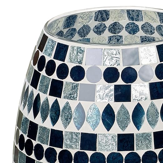 Touch of Class Mosaic Sea Wastebasket Multi Jewel Laser-Cut Hand-Cut Stripes in Blue Sapphire and Aqua Mist Hues on a Natural Clay 10 Inches High