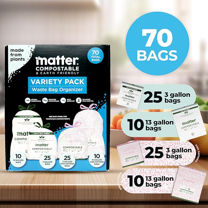 Matter Compostable Variety Pack 3 Gallon and 13 Gallon Kitchen Trash Bags with Drawstring Unscented Durable Leak-Resistant Eco-Friendly 70 Count
