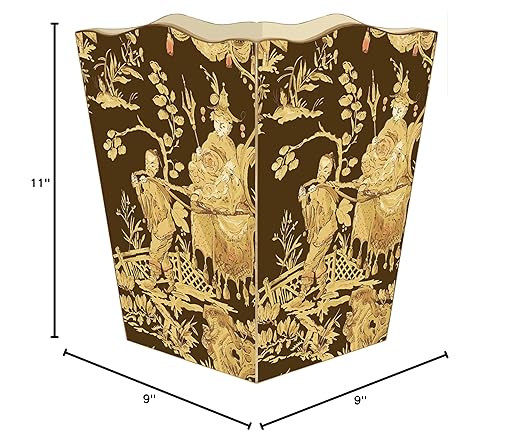 Brown and Gold Asian Toile Wastepaper Basket Chinoiserie Decoupage Wood Scalloped Top Decorative Wastebasket for Kitchen Bathroom Bedroom Living Room Office Handmade Made in the USA
