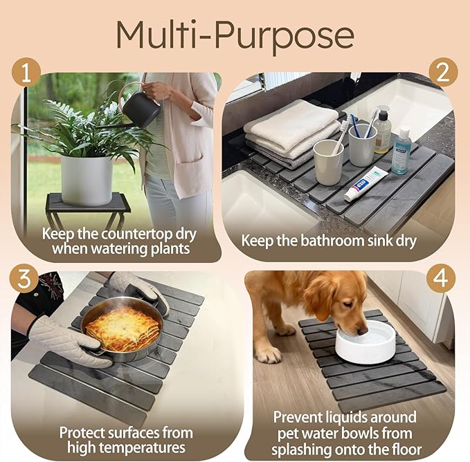 Large Stone Dish Drying Mat for Kitchen Counter Collapsible Marbled Quick-Dry Diatomaceous Earth Mat with Dish Rack and Towel Versatile Drying Mats for Kitchen Utensils (Dark Gray 23.6×15.4)