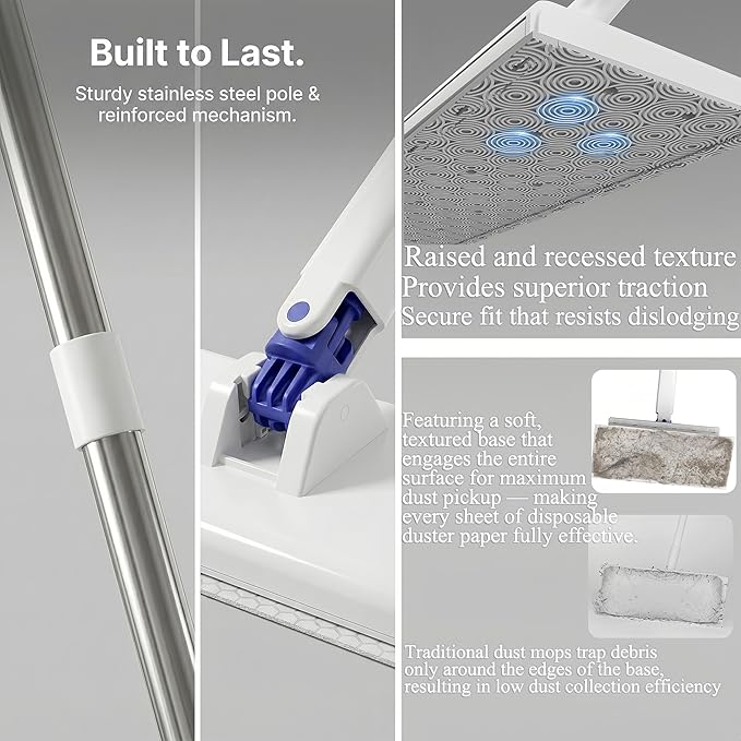 Snap Grip Mini Mop - 52.4 x 6.3 Stainless Steel Sweeper with Cleaning Scraper Hands-Free Cloth Changing Tool for Wall and Window 11-Pc Kit with 10 Disposable Wipes