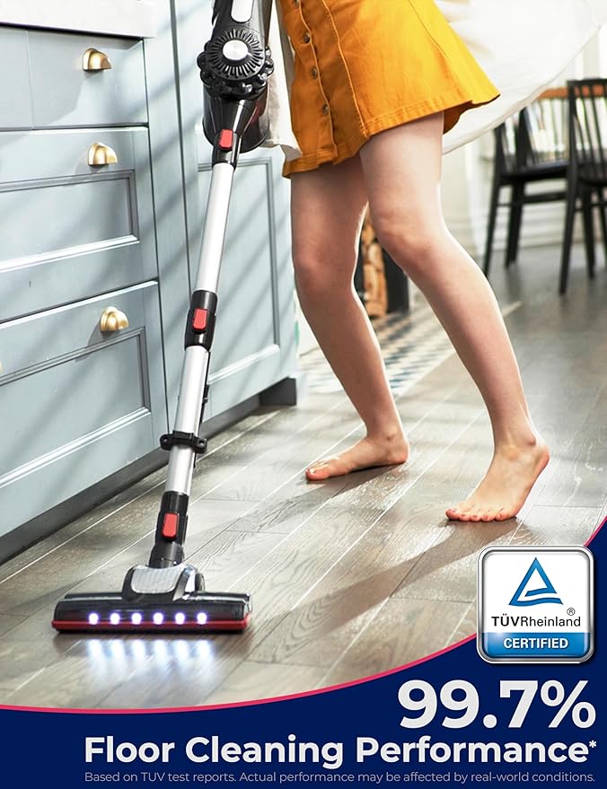 Roomie Tec StickVac Cordless Vacuum Cleaner for Home – 2200mAh Battery High Suction Power Lightweight &amp Self-Standing Design with HEPA Filter and LED Lights - for Floors Cars &amp Dorm Cleani