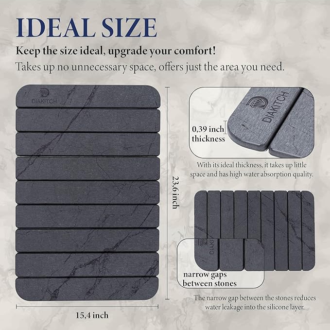 Stone Drying Mat for Kitchen Counter – Super Absorbent Stone Dish Drying Mat Foldable &amp Quick Dry Diatomaceous Earth Mat for Dish &amp Bottle Ideal for Kitchen - 23.6 x 15.4 Dark Grey